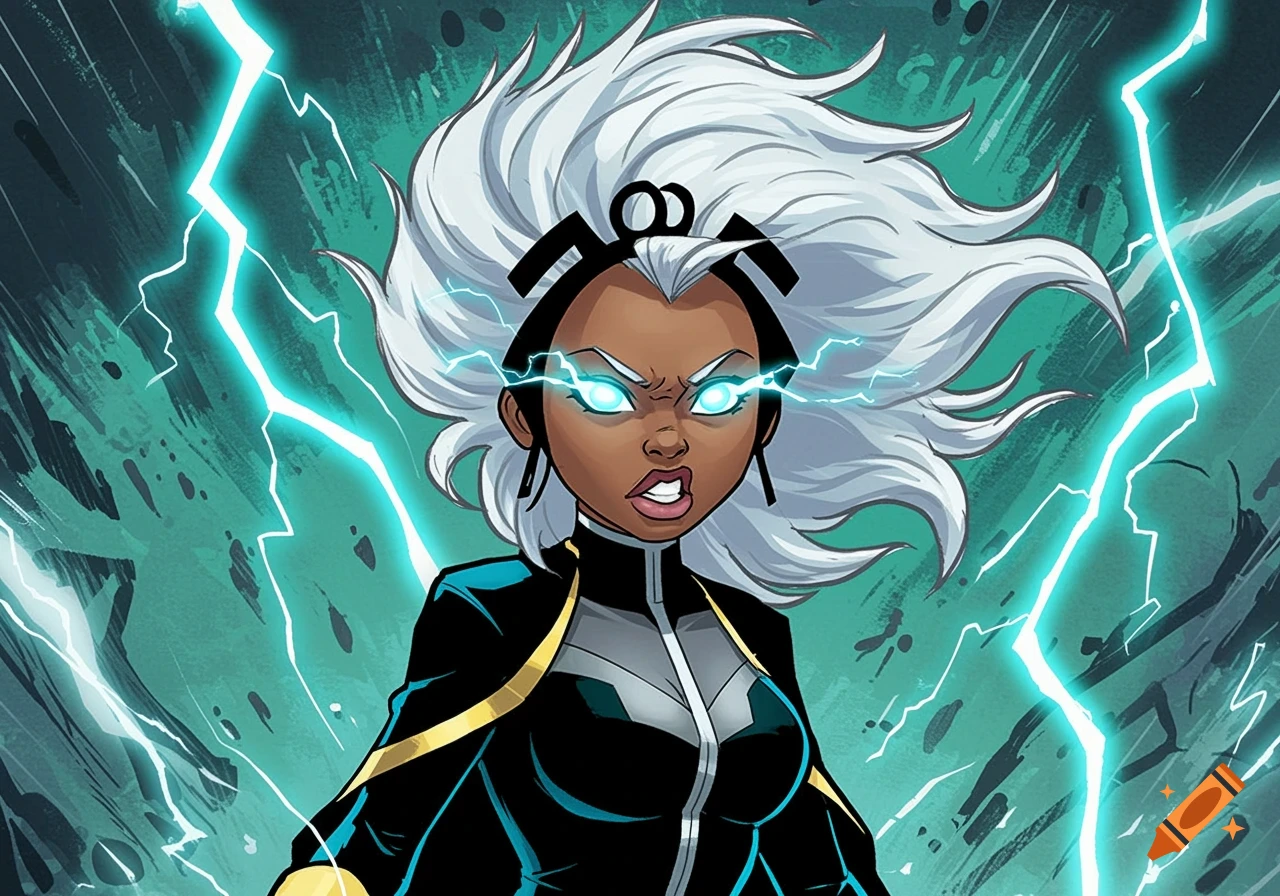 A cartoon-style illustration of Storm from Marvel, with glowing blue eyes and white hair, surrounded by lightning.