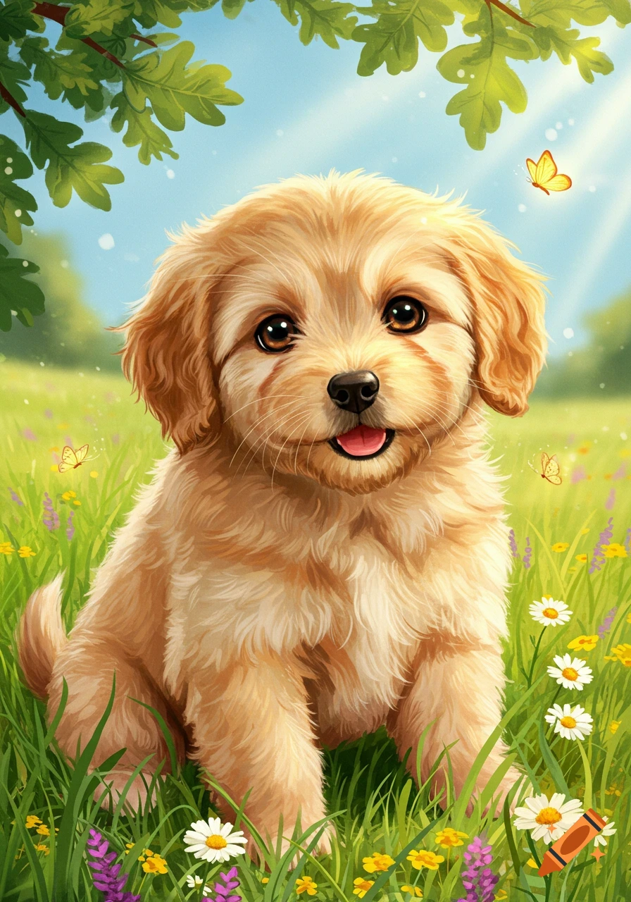 A fluffy golden puppy sits in a field of colorful flowers under a blue sky, with butterflies nearby, in a bright illustration.