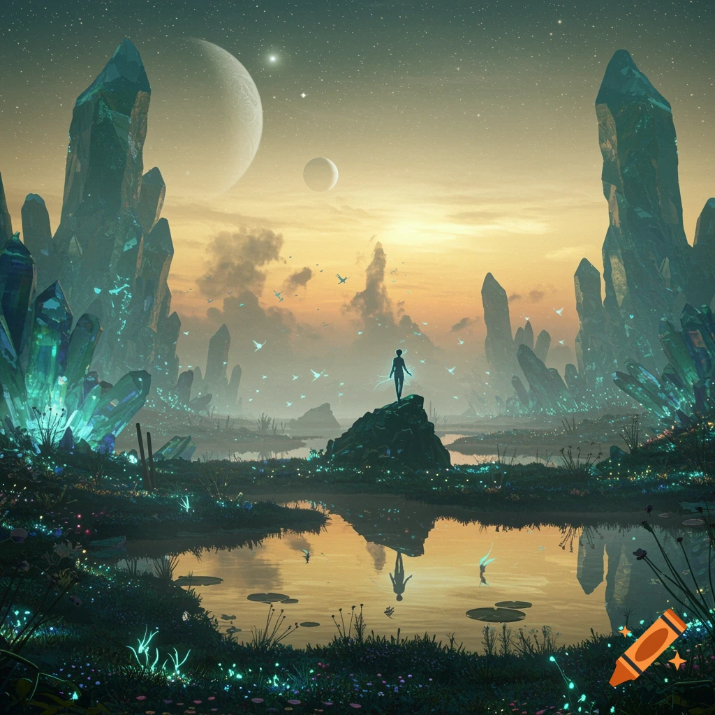 A lone figure stands on a rock in a fantastical alien landscape with towering glowing crystals and two moons reflecting in a lake at sunset.