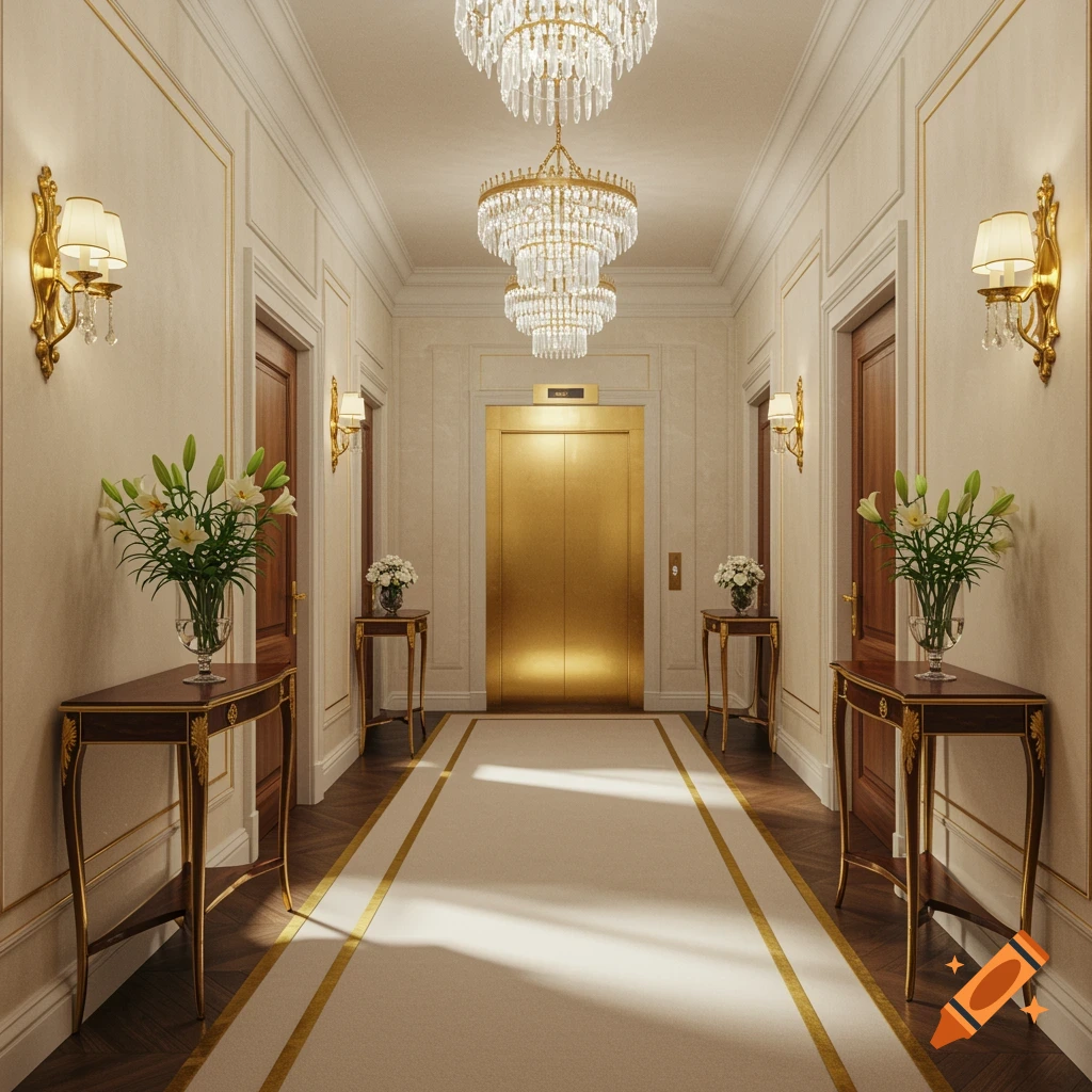 A luxurious apartment hallway with cream walls, gold trim, and two chandeliers. A golden elevator is at the end of the hall, with two apartment doors and ornate tables with vases of flowers. A cream runner with gold edges covers the floor.