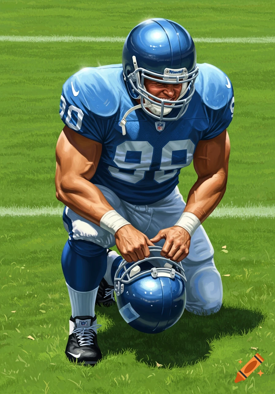 A muscular football player in a blue jersey with the number 90, kneeling on a green field, holding his helmet.