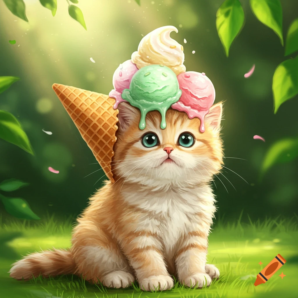 A cute fluffy orange kitten with large blue eyes sits in green grass, an ice cream cone with three melting scoops on its head.