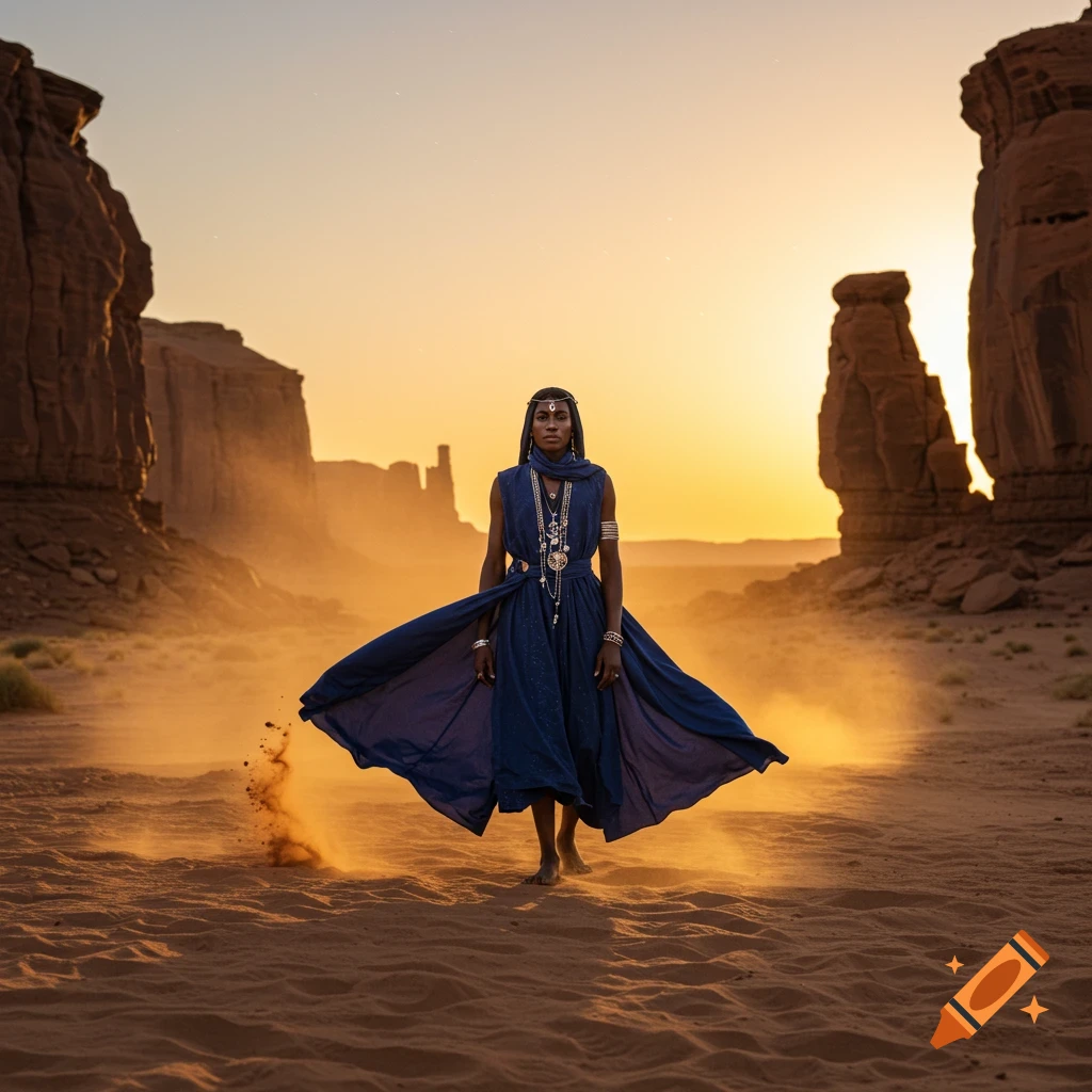 A woman in a flowing blue dress walks barefoot through a sandy desert at sunset, kicking up dust, with large rock formations in the background.