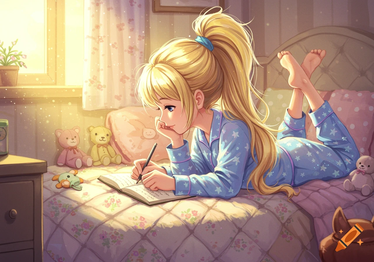 A blonde girl with a high ponytail, wearing blue star pajamas, is lying on her bed and writing in a diary. The room is softly lit in an anime style.