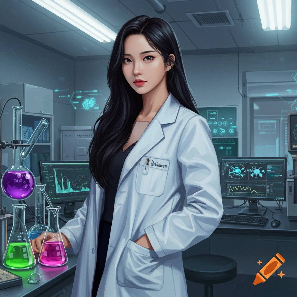 A pretty South Korean female scientist with long black hair in a lab coat stands in a laboratory with colorful beakers and computer screens.
