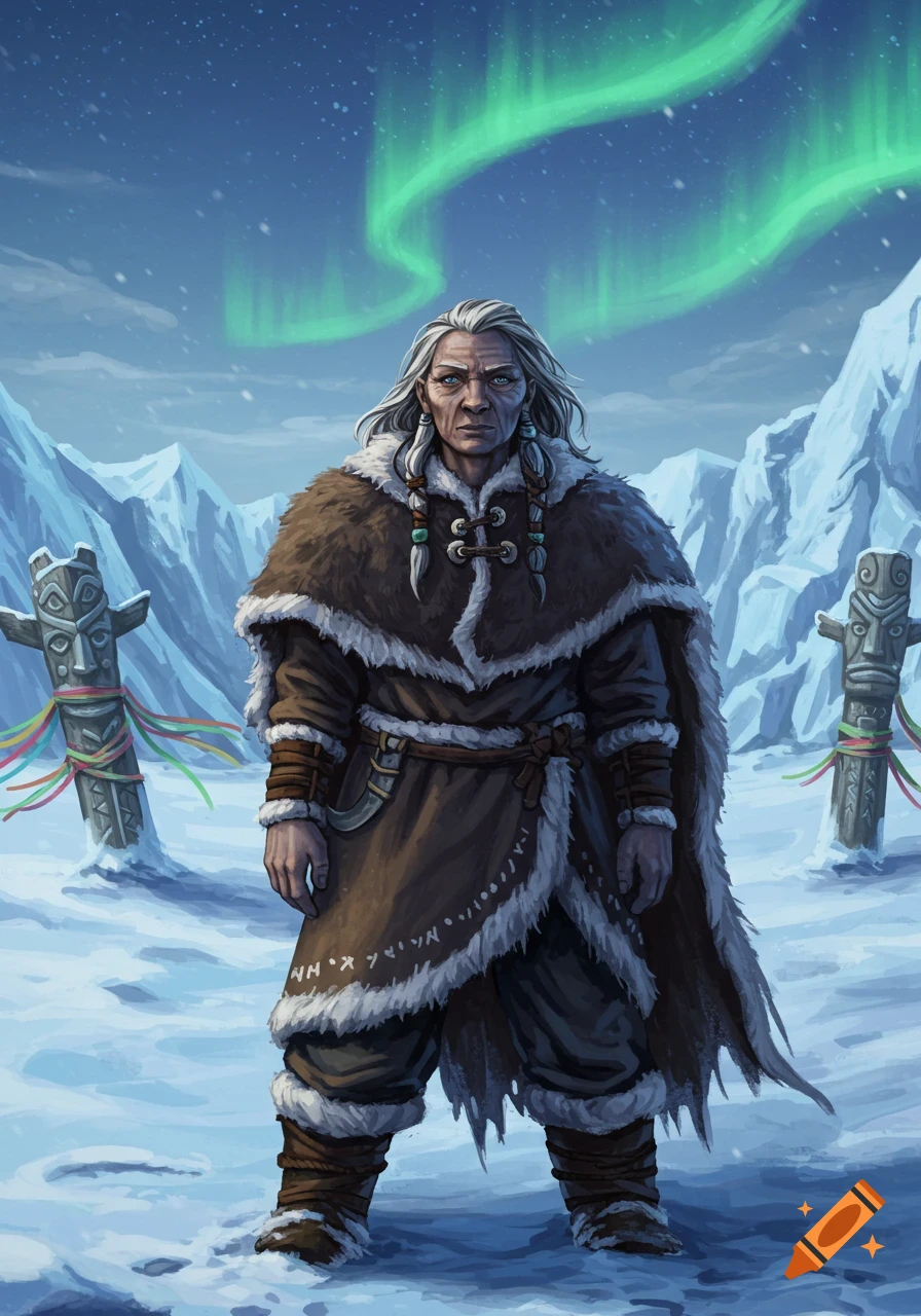 An old person with long white hair in fur clothing stands in a snowy arctic landscape with mountains, aurora borealis, and two carved totems. Illustrated style.