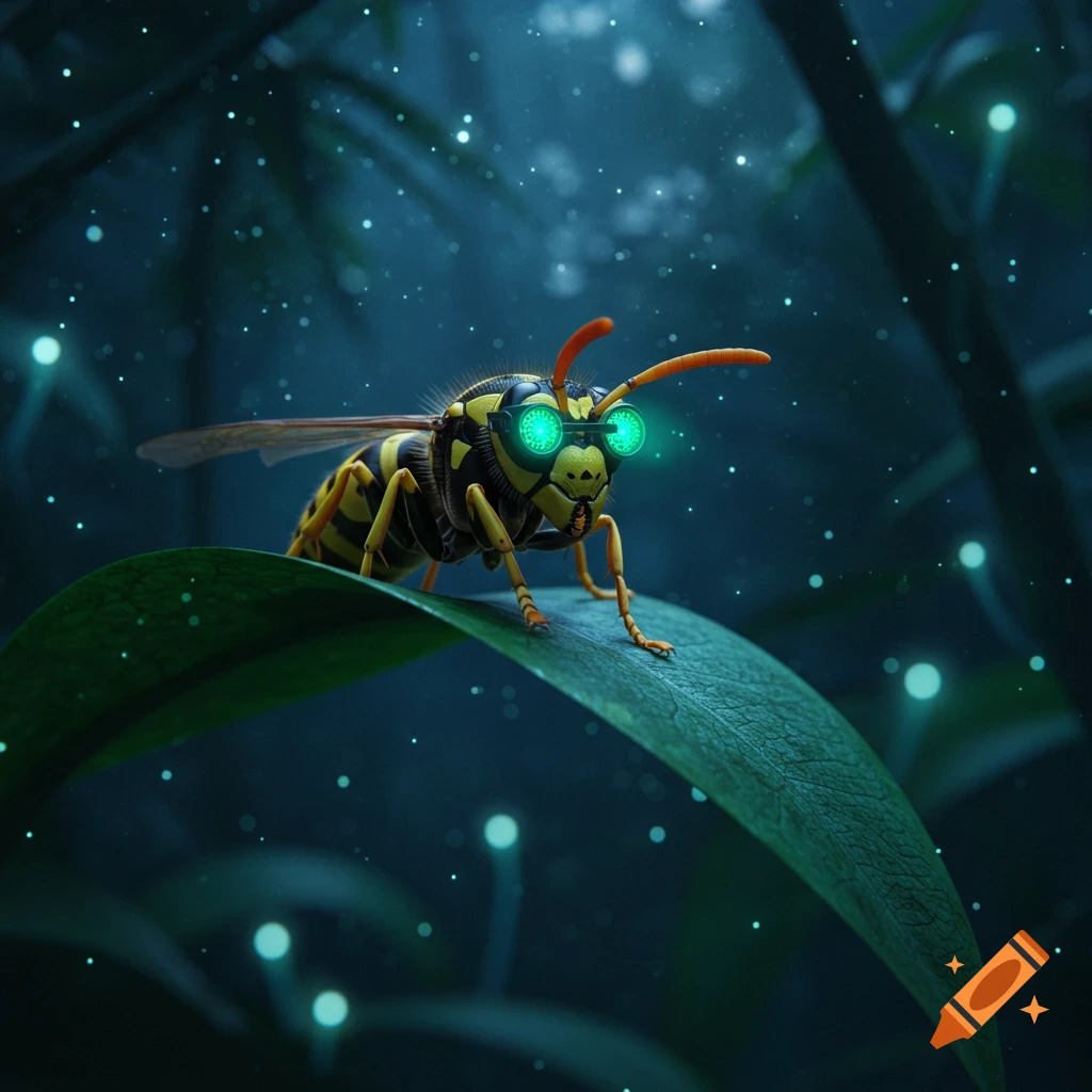 A photorealistic wasp with glowing green night vision goggles sits on a leaf in a dark, luminous forest.