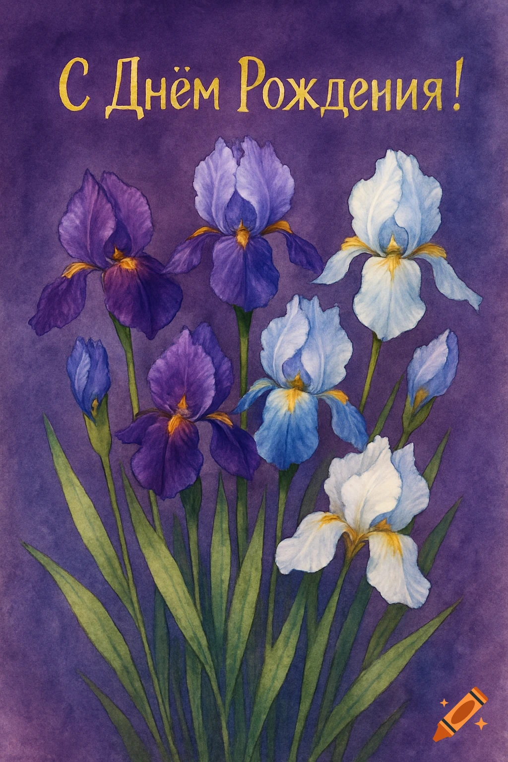 A watercolor painting of a bouquet of purple, blue, and white irises with long green stems on a dark purple background. Gold Russian text at the top reads 'Happy Birthday'.