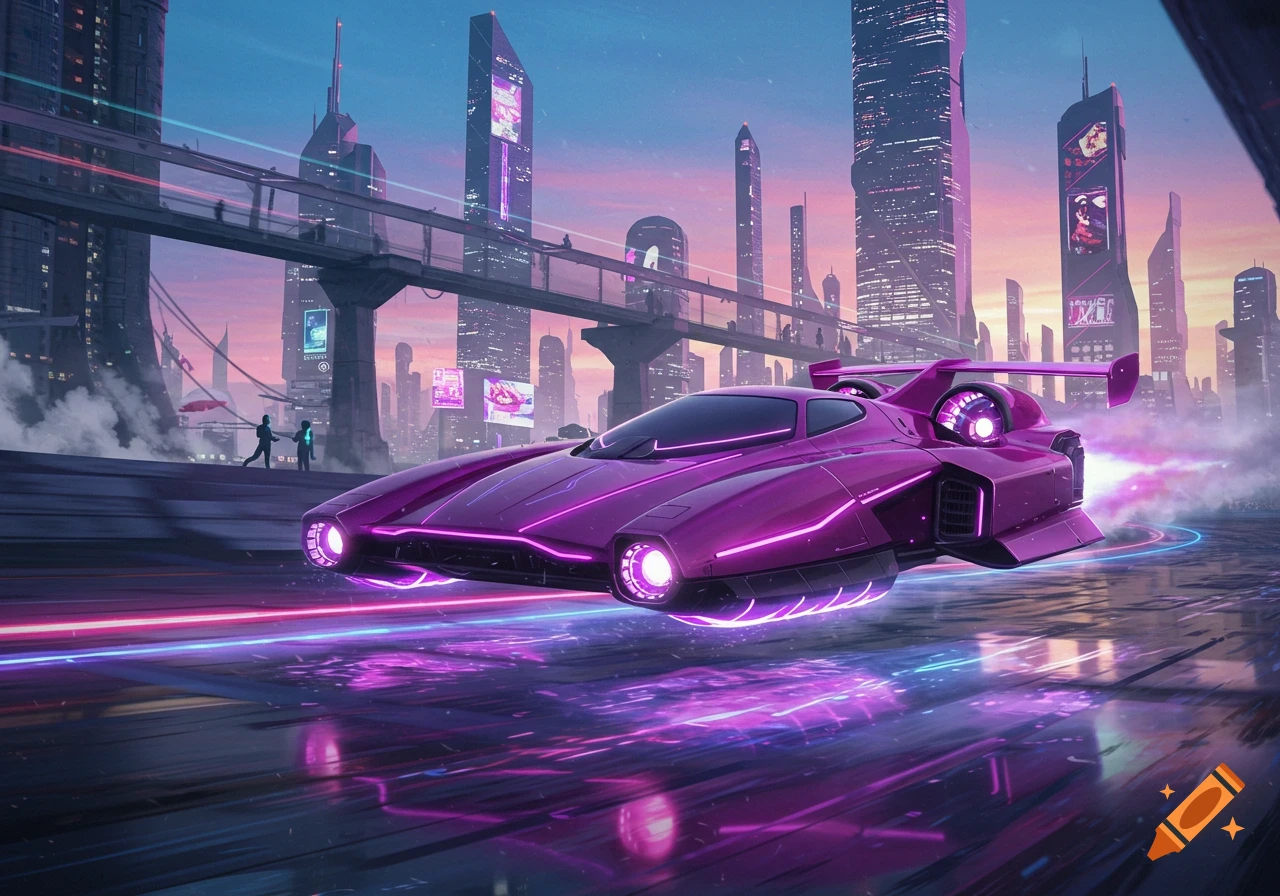 A vibrant purple futuristic hovercar races through a neon-lit city at dusk, leaving light trails behind it.
