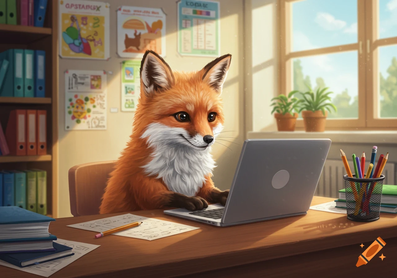 A cute orange fox sits at a wooden desk with a silver laptop in a sunny classroom, with books and posters nearby.