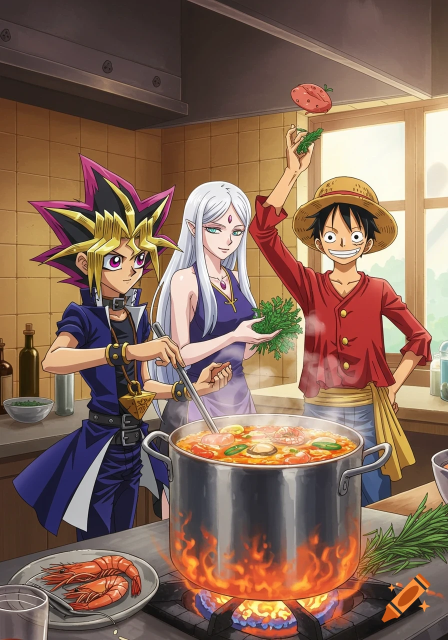 Yugi Muto, Frieren, and Monkey D Luffy cooking a seafood boil in a kitchen, in anime style.