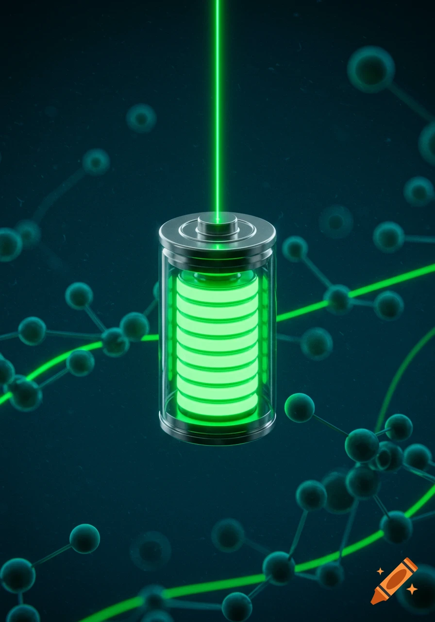 A glowing green cylindrical battery with charge bars emits a laser beam against a dark teal background with abstract molecular structures in a 3D render.