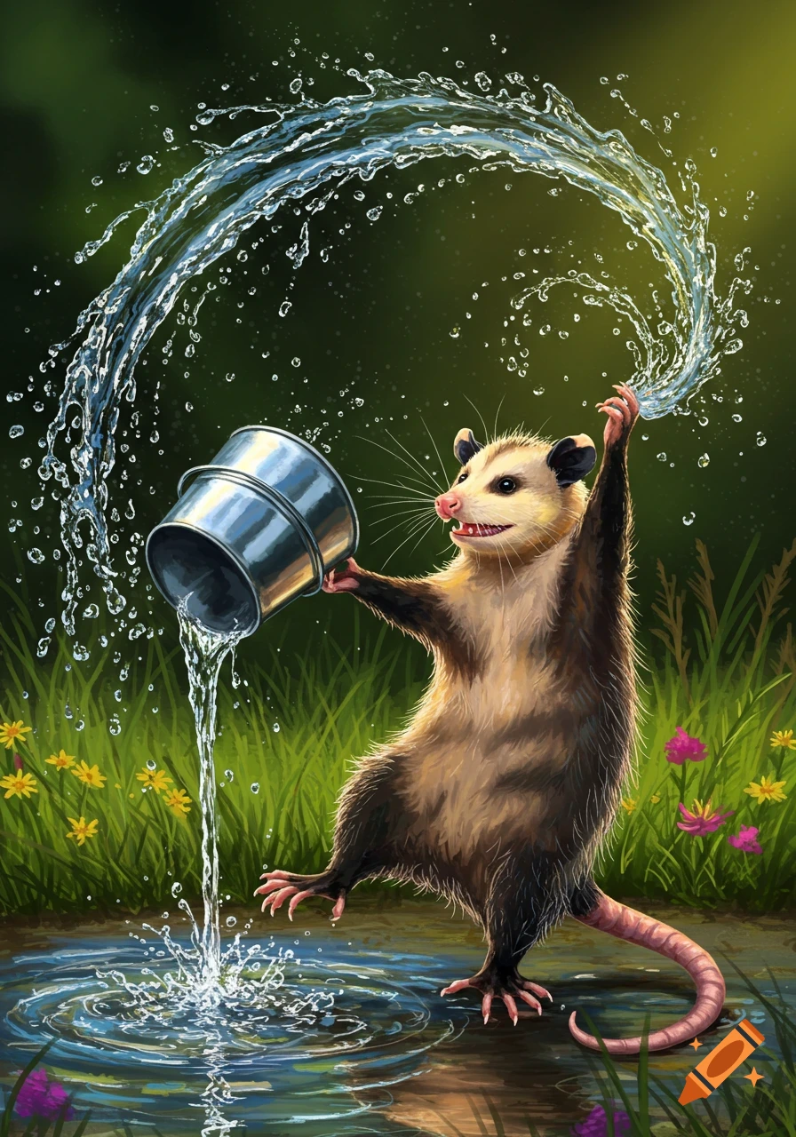 An illustrated opossum stands in water, splashing a bucket of water with a wide arc across the scene in a vibrant natural setting.