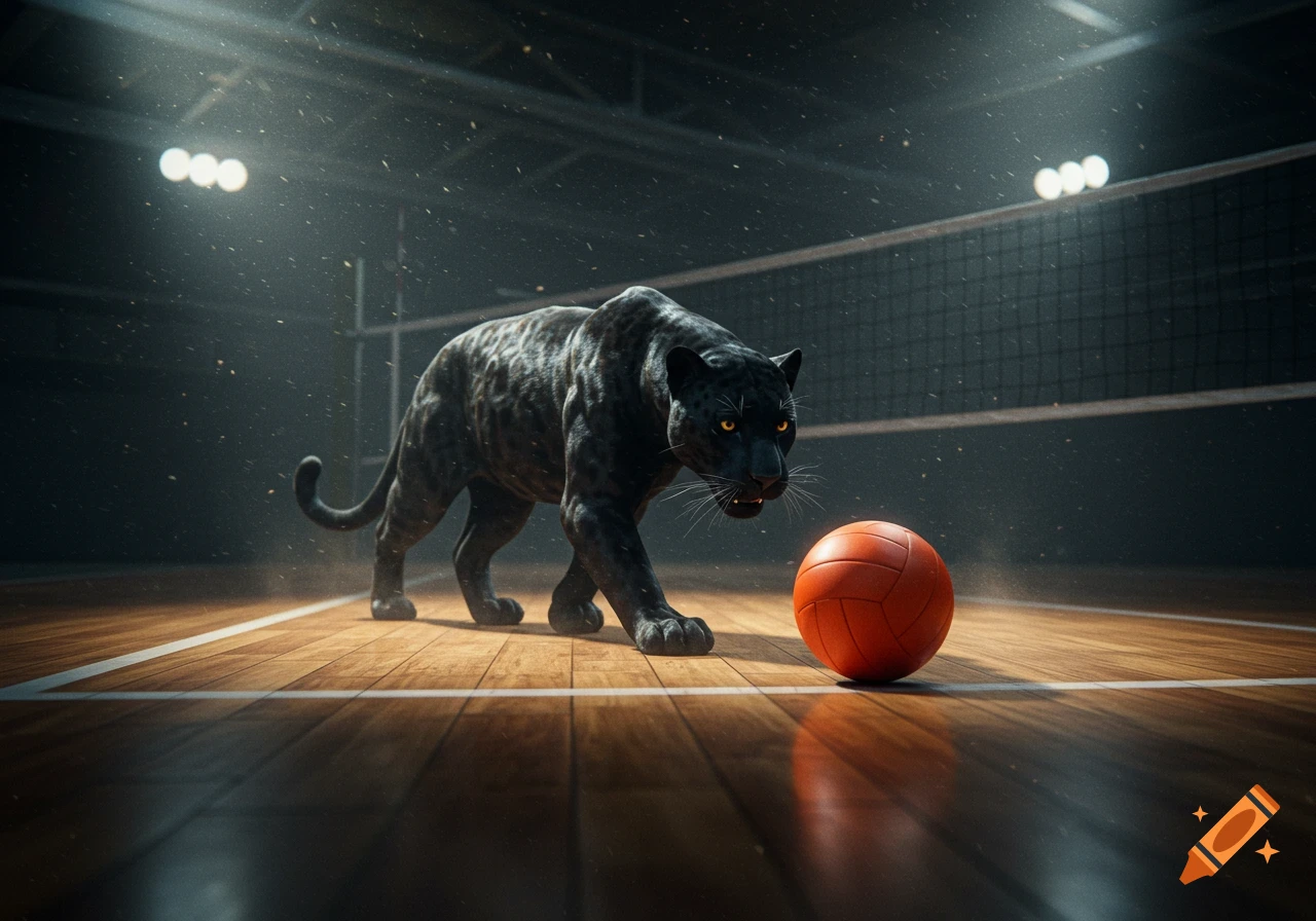 A black panther with glowing orange eyes crawls on a wooden volleyball court towards an orange volleyball under dramatic stadium lights.