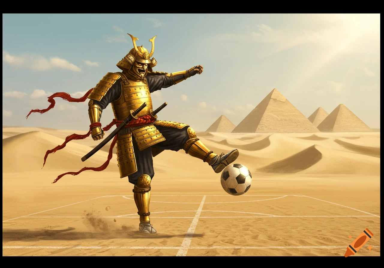 A golden samurai in full armor kicks a soccer ball on a field drawn in the sand, with Egyptian pyramids in the desert background.