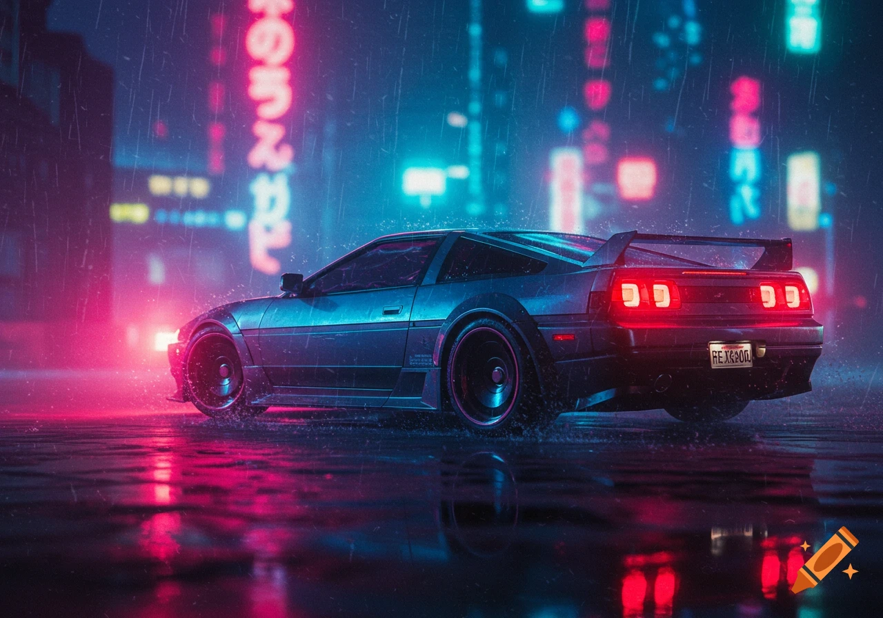 A sleek, dark cyberpunk sports car with glowing pink and blue lights drives through a rainy city street at night, with neon reflections on the wet asphalt.
