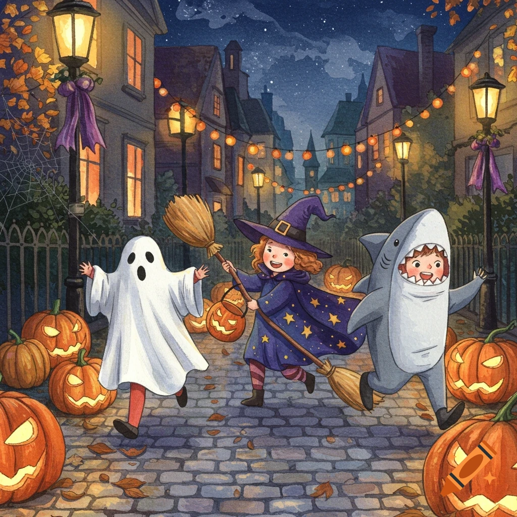 Watercolor illustration of three children in Halloween costumes (ghost, witch, shark) trick-or-treating on a pumpkin-lined cobblestone street at night.