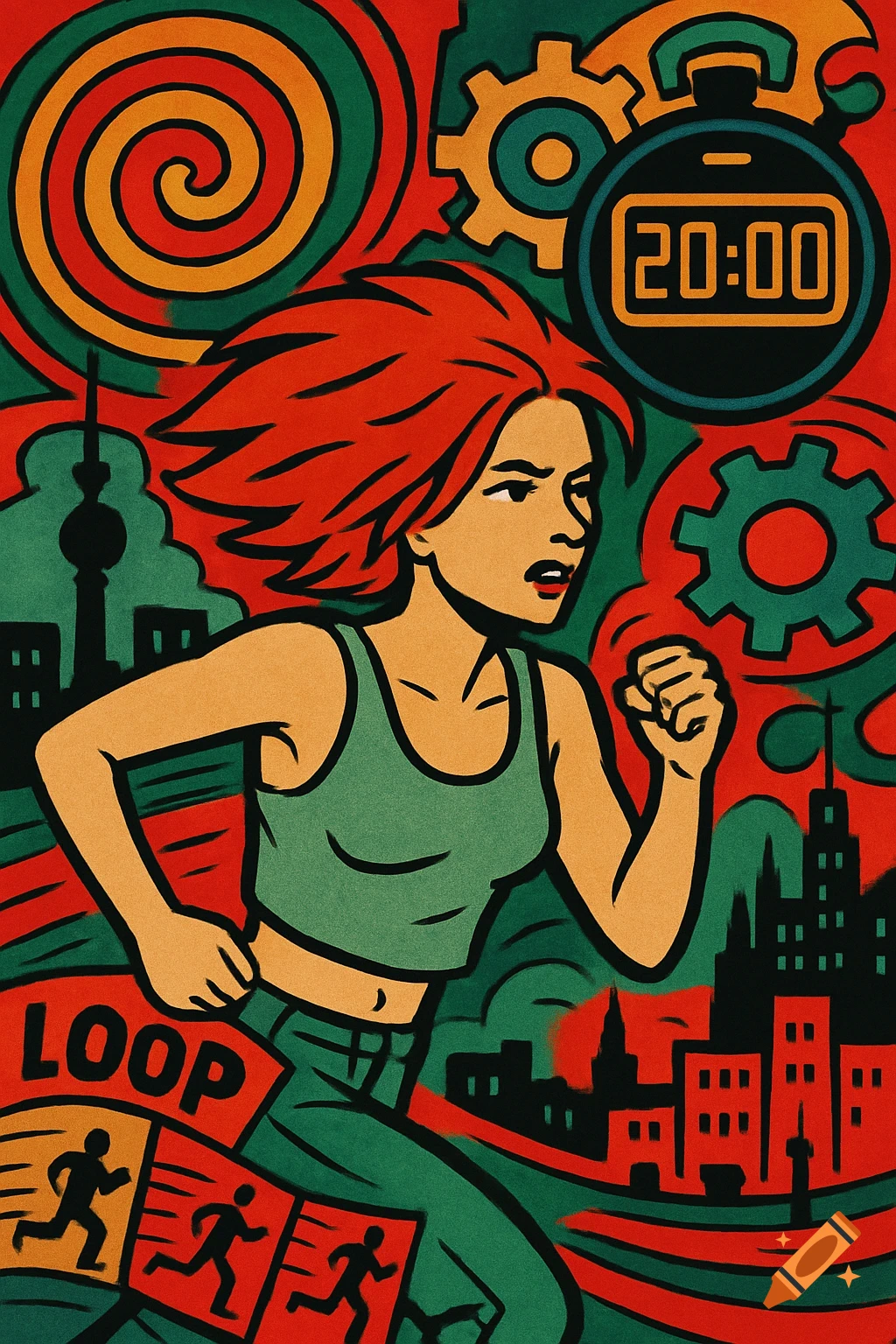 Stylized illustration of a red-haired woman running through a city, with a stopwatch showing '20:00', gears, and 'LOOP' text.