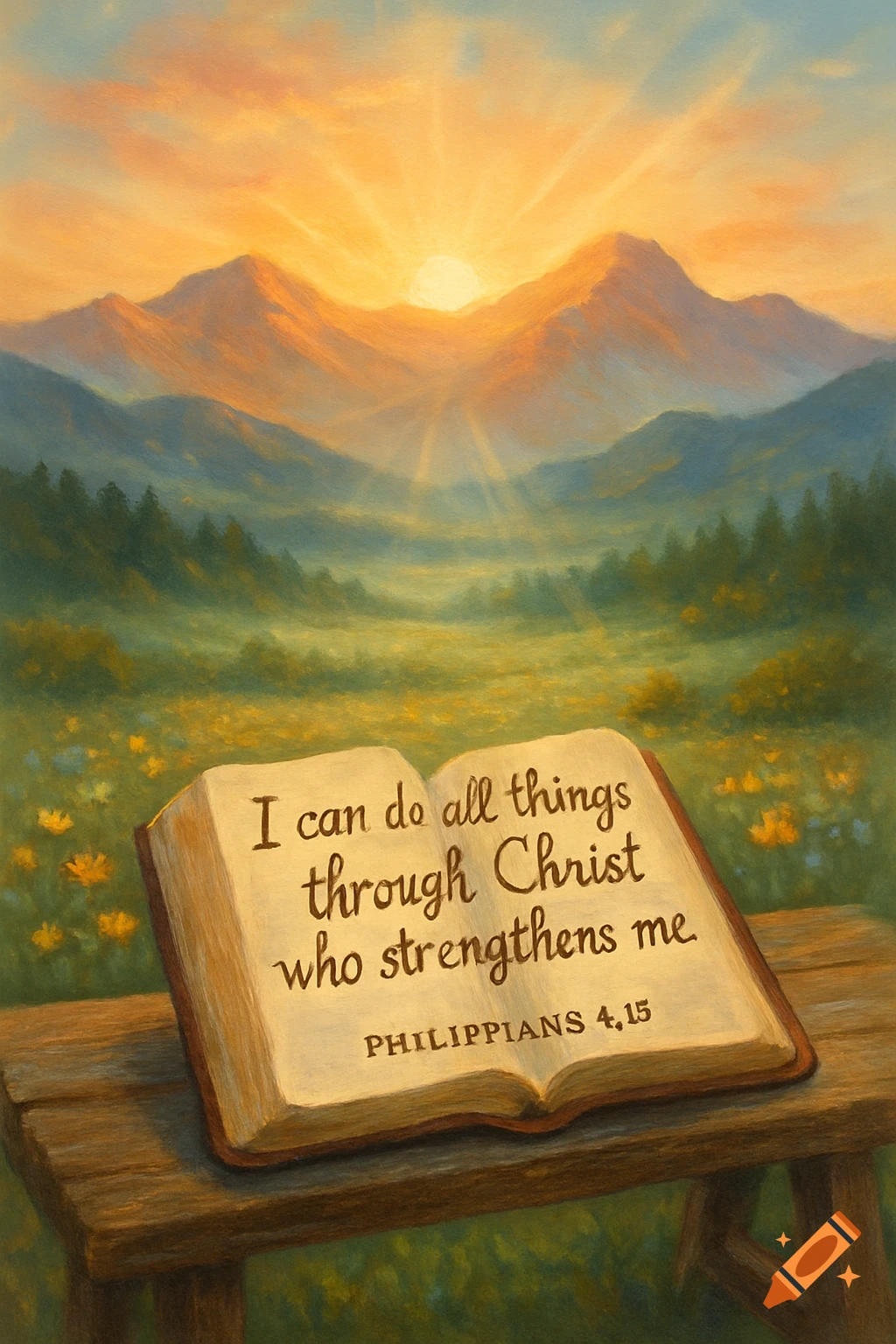 An open Bible on a wooden bench in a field of wildflowers, with a vibrant sunrise over mountains in the background. The Bible displays the verse "I can do all things through Christ who strengthens me. PHILIPPIANS 4,15".