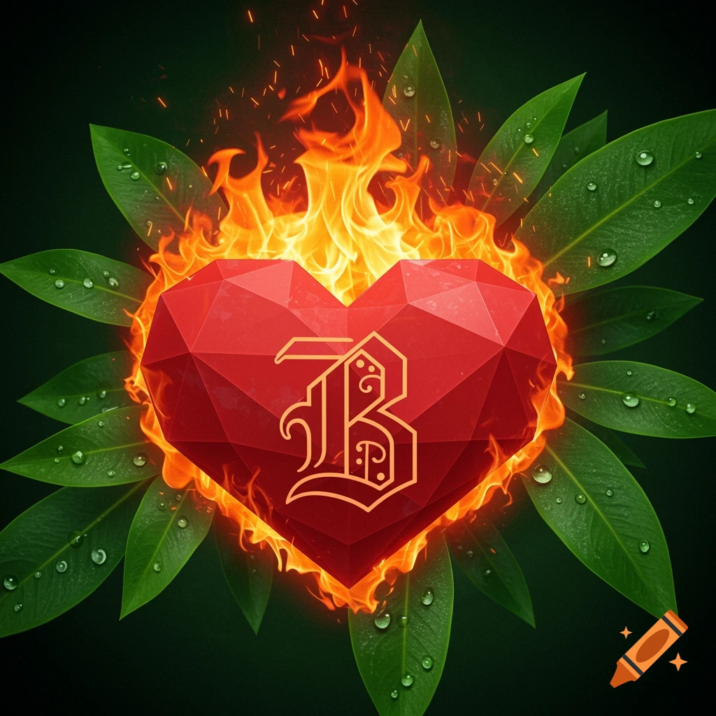 A vibrant red geometric heart, emblazoned with a golden, stylized 'B', is engulfed in orange flames and surrounded by lush green leaves with water droplets.