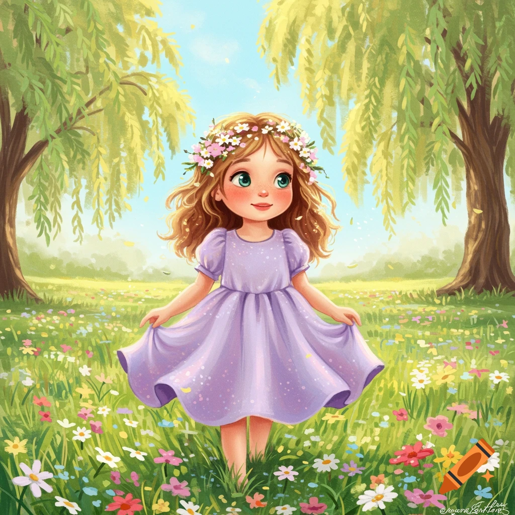 A cute cartoon girl with a flower crown stands in a colorful field of wildflowers under weeping willow trees.
