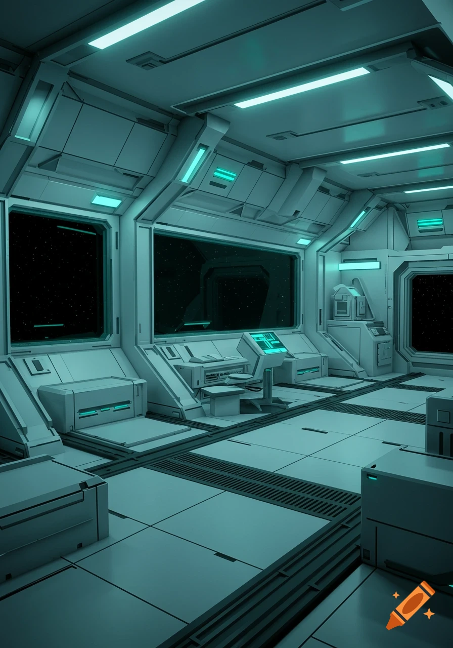 A futuristic, low-poly stylized space station interior with large windows looking out to stars and glowing teal control panels.