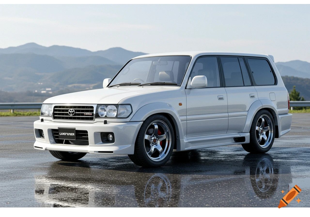 A white customized Toyota Land Cruiser SUV parked on wet asphalt with mountains in the background, photorealistic.
