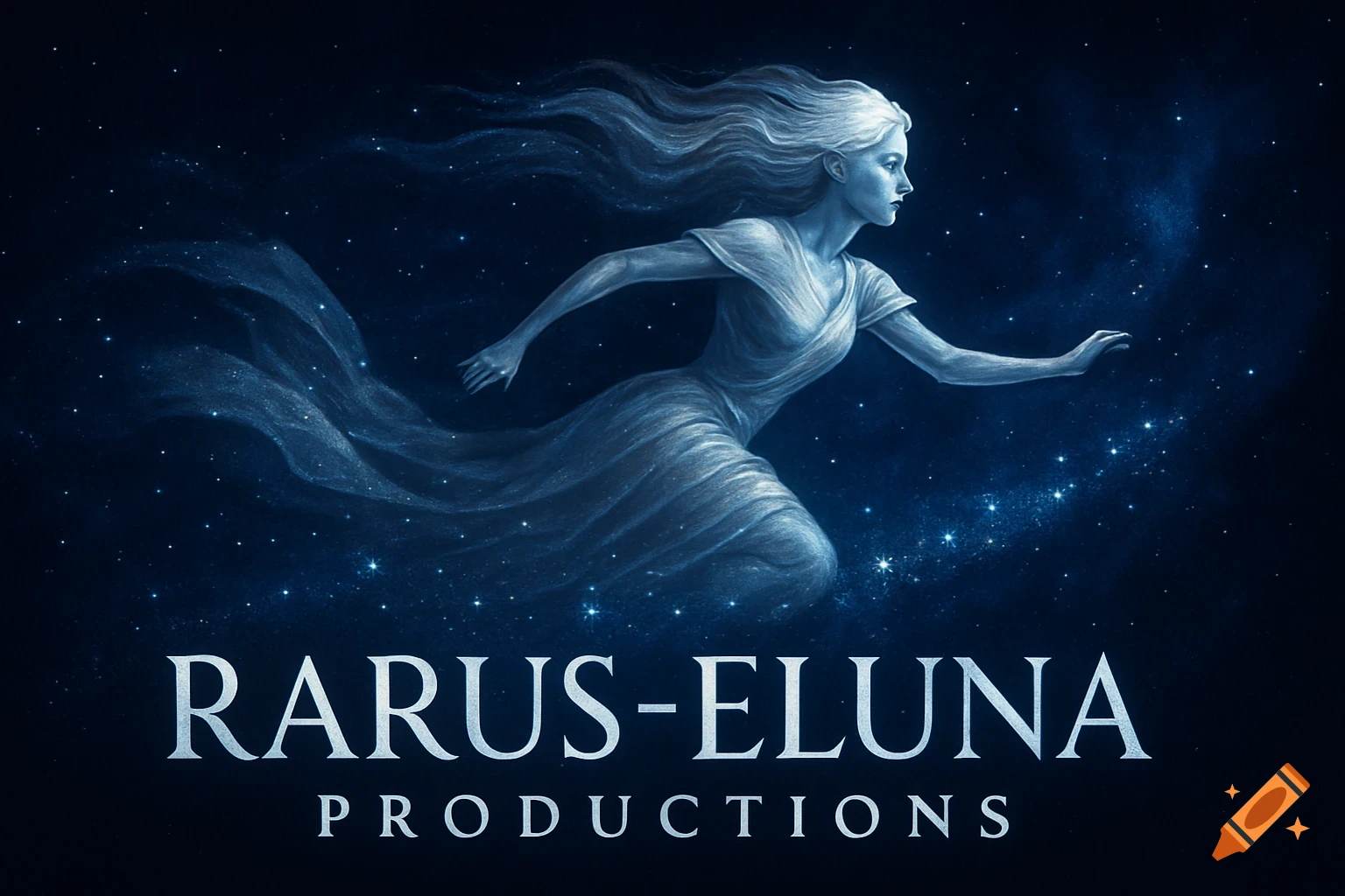 A goddess-like figure with flowing hair and dress runs through a starry blue space, with 'RARUS-ELUNA PRODUCTIONS' text below.