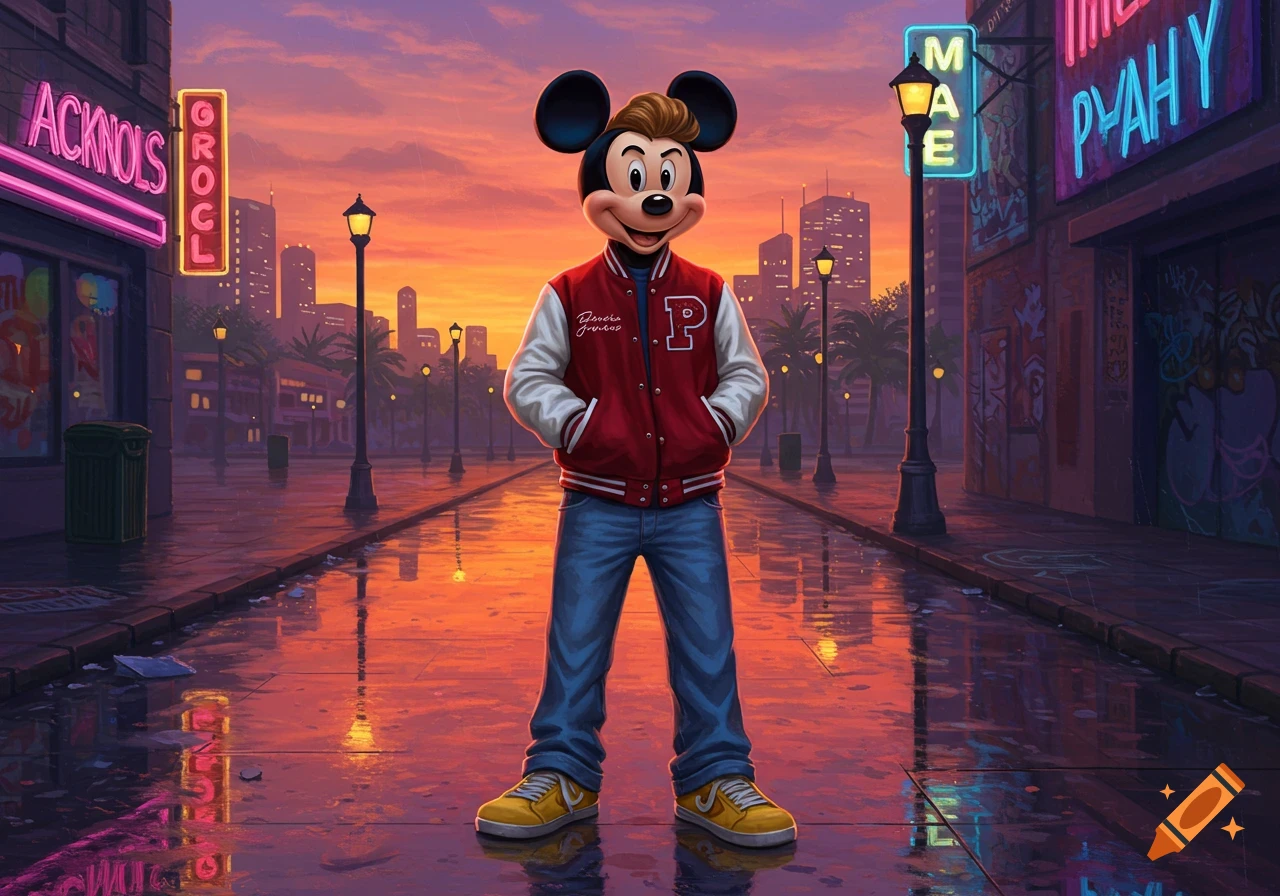 Mickey Mouse wearing a red and white letterman jacket and blue jeans stands on a wet city street at sunset, with neon signs and tall buildings in the background.