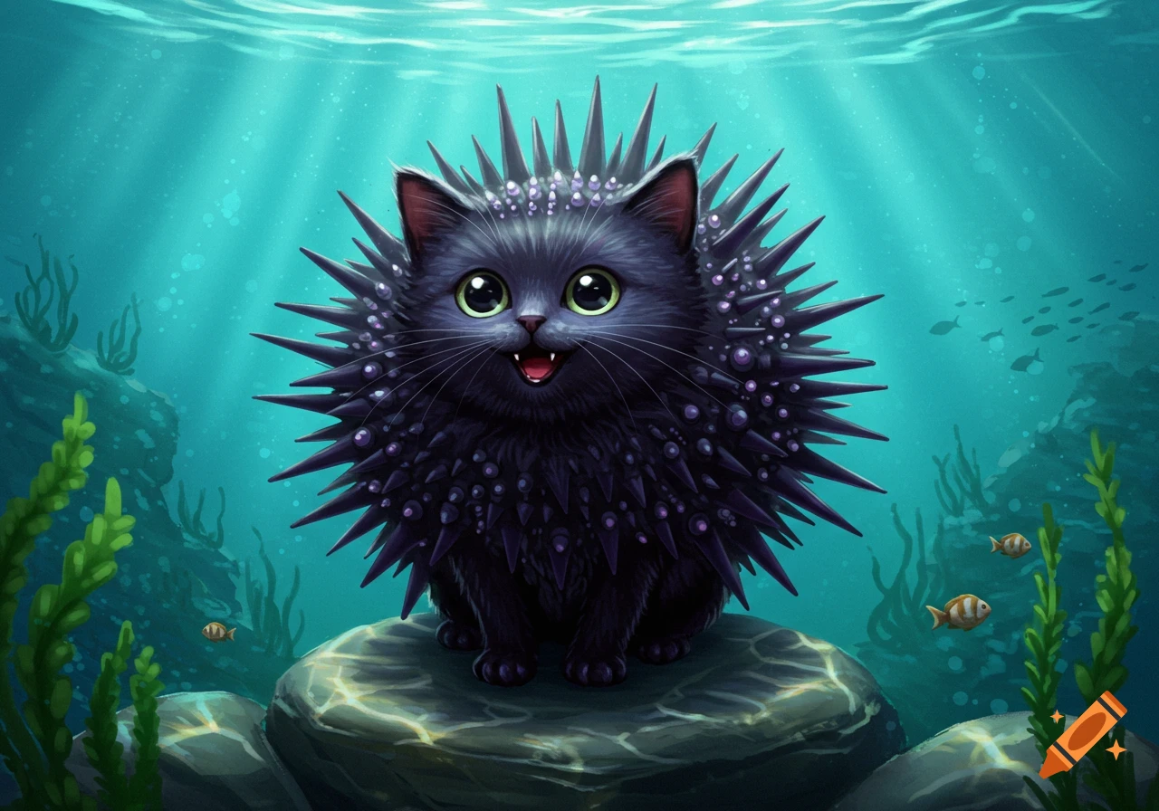 An animated black cat with large green eyes, resembling a sea urchin with purple spikes, sits on a rock underwater.