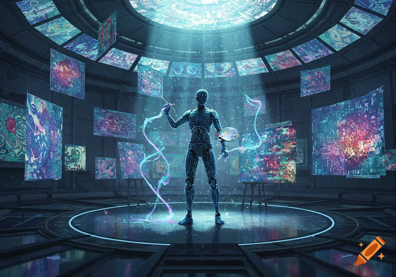 A sleek robot with a palette and brush stands in a futuristic circular room, surrounded by glowing abstract digital art.