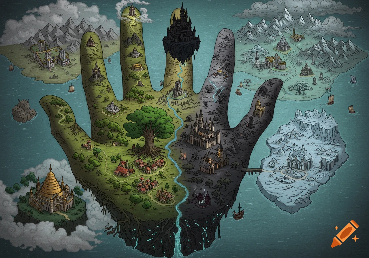 Detailed fantasy map of an island shaped like a giant hand with distinct biomes, castles, and villages.