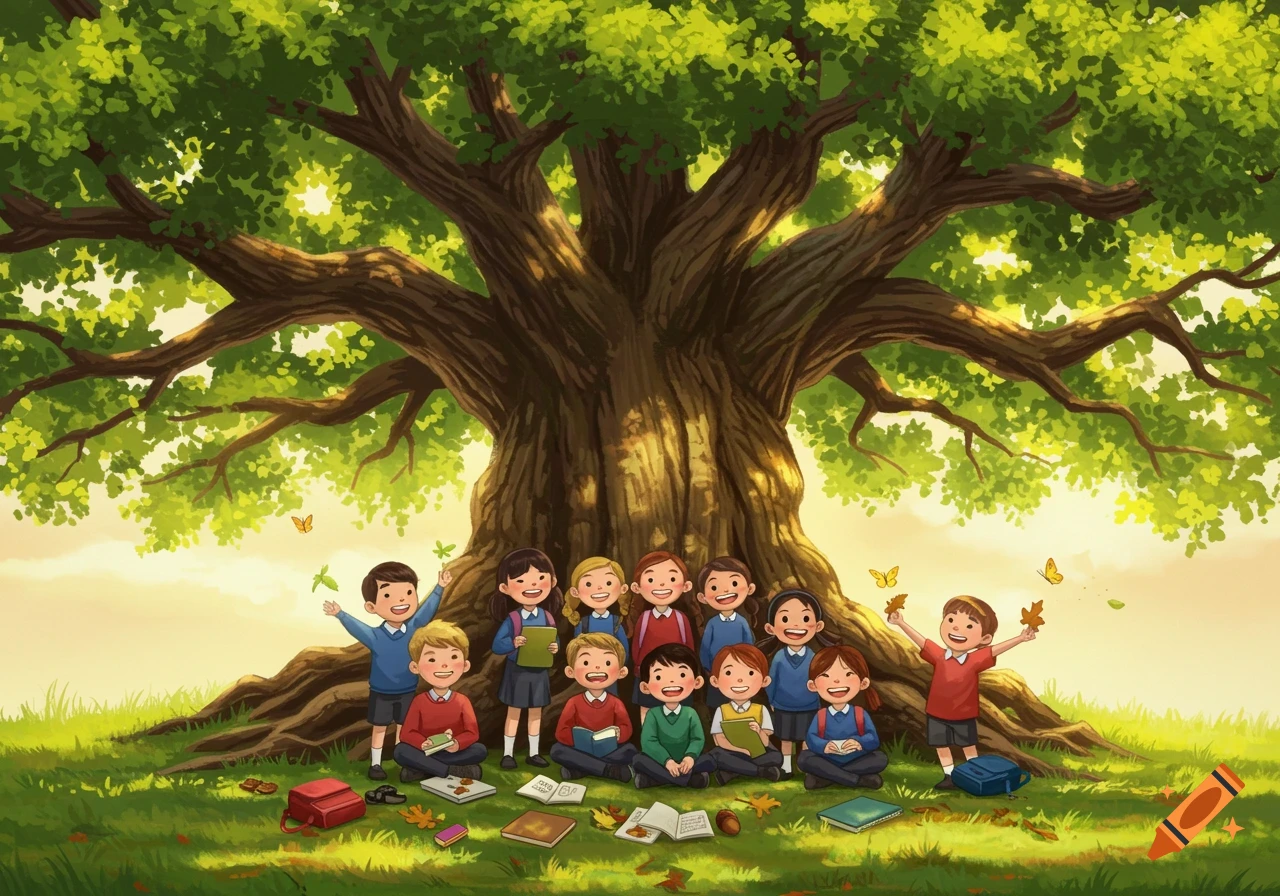 Group of smiling school children gathered under a large, leafy tree with books and school supplies on the grass, in an illustration style.
