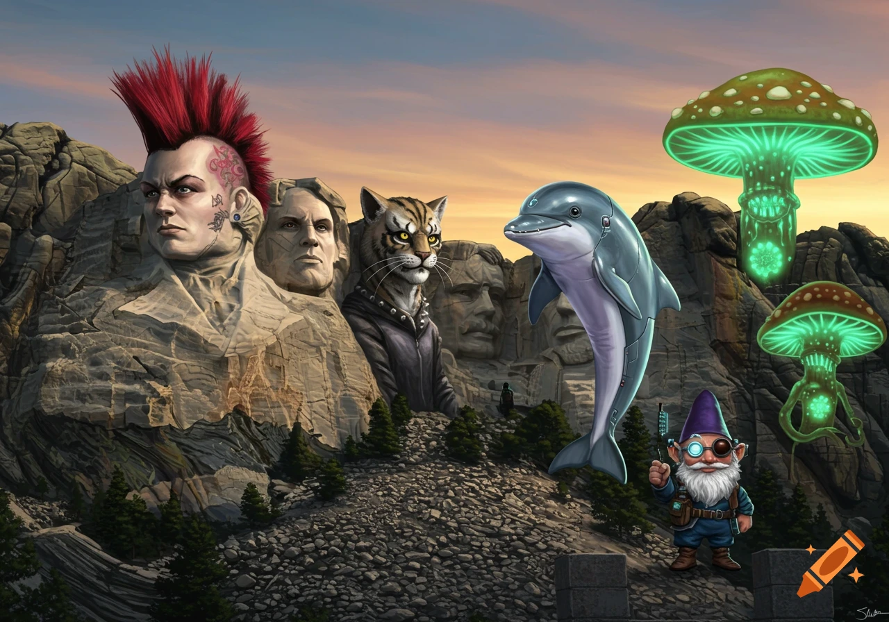 Fantasy Mount Rushmore features carved heads of a punk rocker, a cat-man, and a master Roshi look-alike, with an armored dolphin, a cyber gnome, and glowing mushrooms in the foreground.