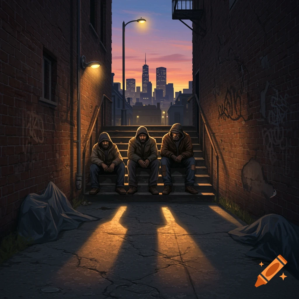 Three hooded men sit on steps in a dimly lit alleyway, with a city skyline visible in the background at dusk.