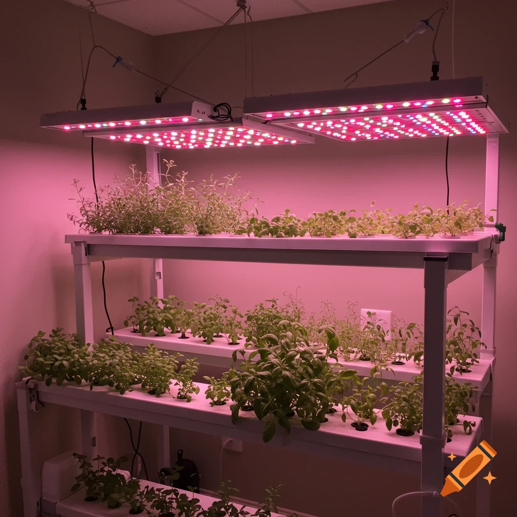 A three-tier hydroponics setup with lush green herbs growing under bright pink LED grow lights.