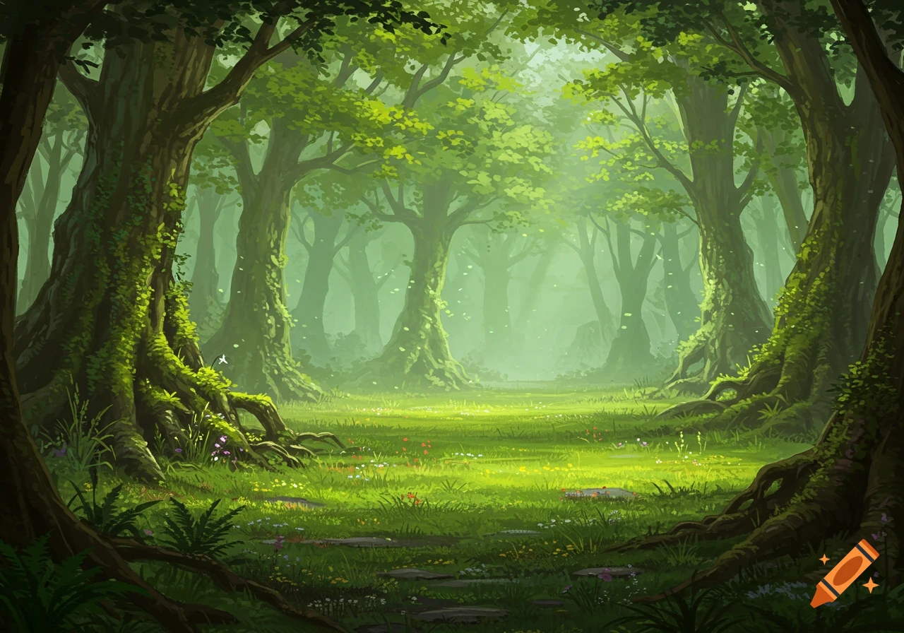 A vibrant, misty forest clearing with tall trees framing a bright green meadow, in a fantasy art style.