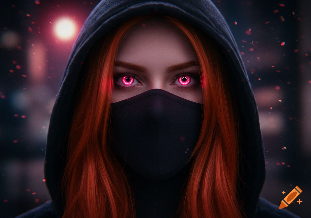 A close-up portrait of a redheaded woman wearing a black hoodie and mask, with striking glowing pink eyes.