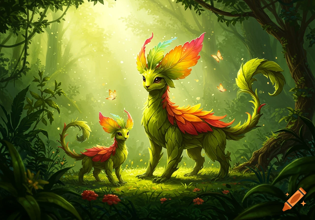 Two vibrant leaf-creatures, one large and one small, stand in a lush, sunlit fantasy forest with butterflies.