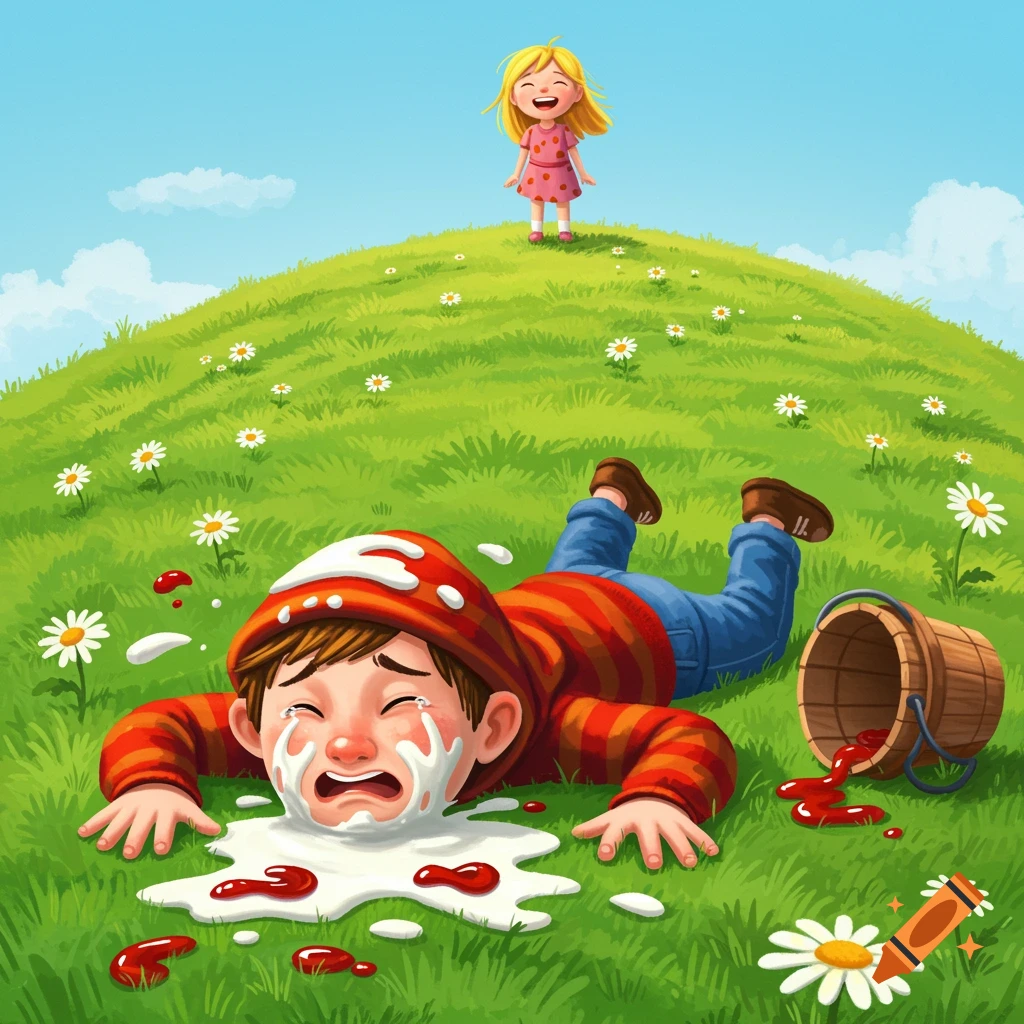 A cartoon illustration of a boy fallen on a grassy hill, crying into spilled milk and ketchup, while a girl laughs from the top of the hill.