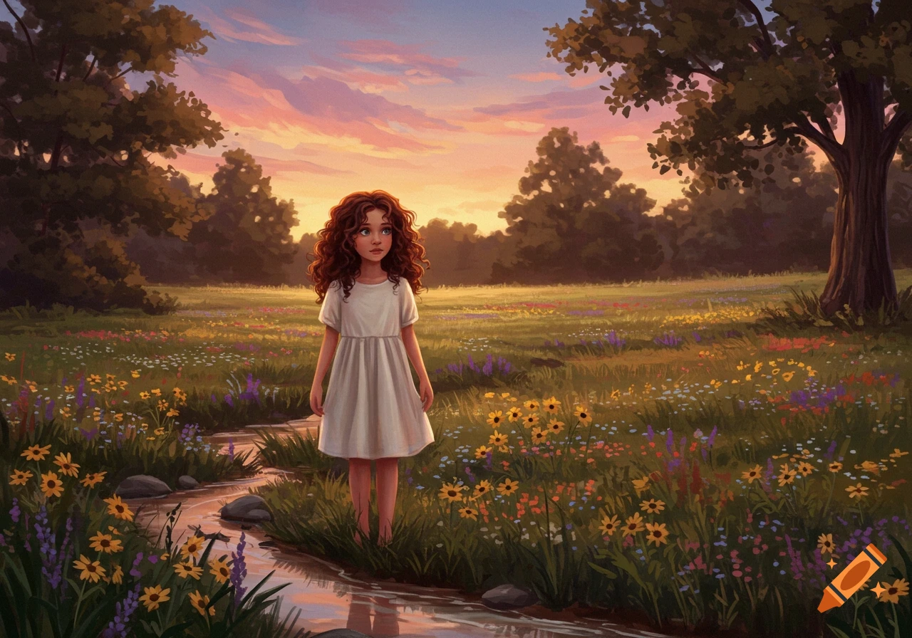 An illustration of a young girl with curly red hair standing barefoot in a field of wildflowers with a stream at sunset.