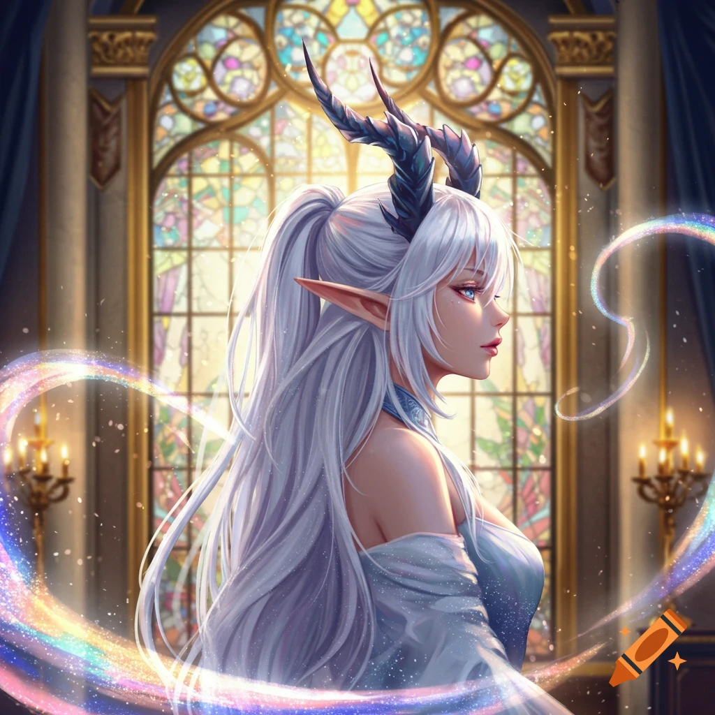 Anime-style fantasy character with white hair, elf ears, and dragon horns in a grand hall with stained glass windows.