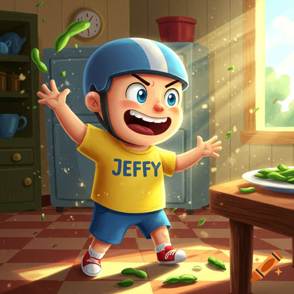 A cartoon boy, Jeffy, wearing a helmet and yellow shirt with his name, stands in a sunlit kitchen with green beans scattered around him.