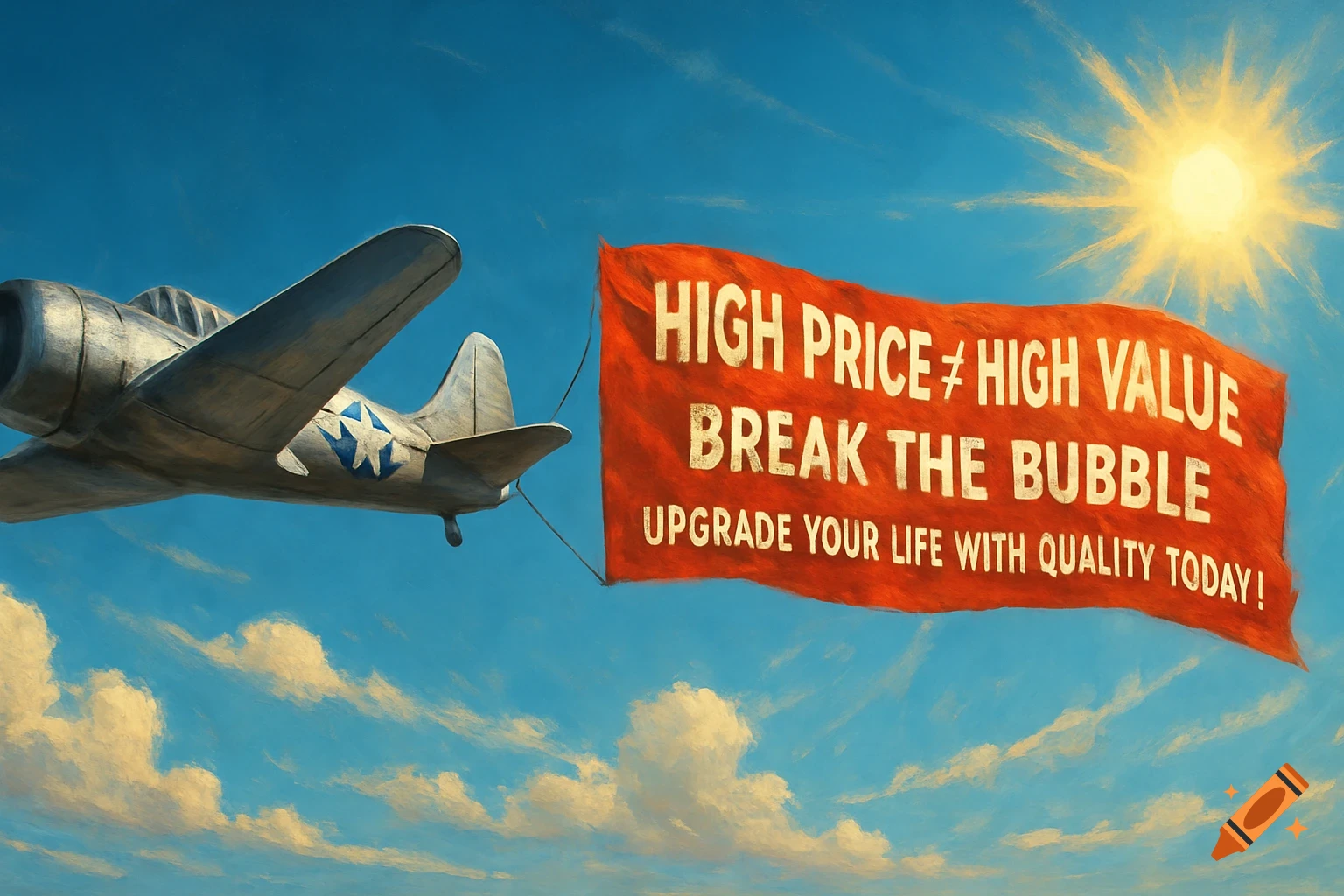 An old propeller plane pulls a red banner with text across a sunny blue sky with clouds, in a painted style.