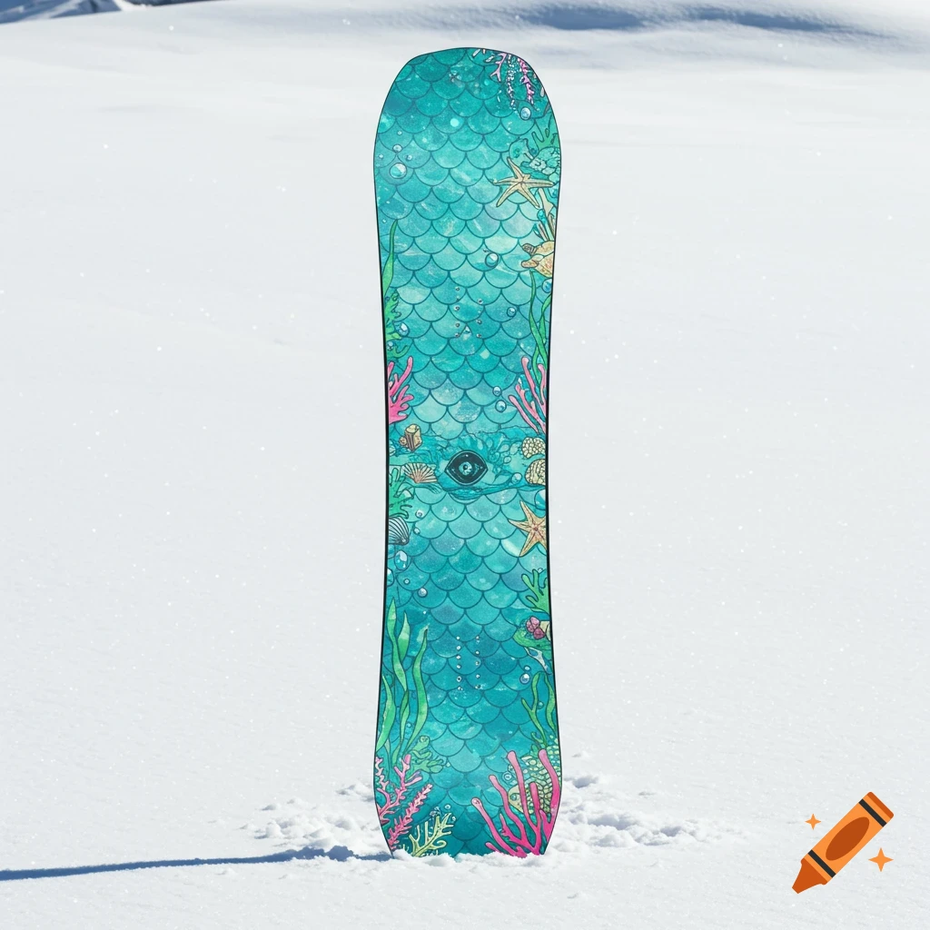 A snowboard with a teal mermaid scale pattern and pink and green coral designs stands upright in fresh white snow.