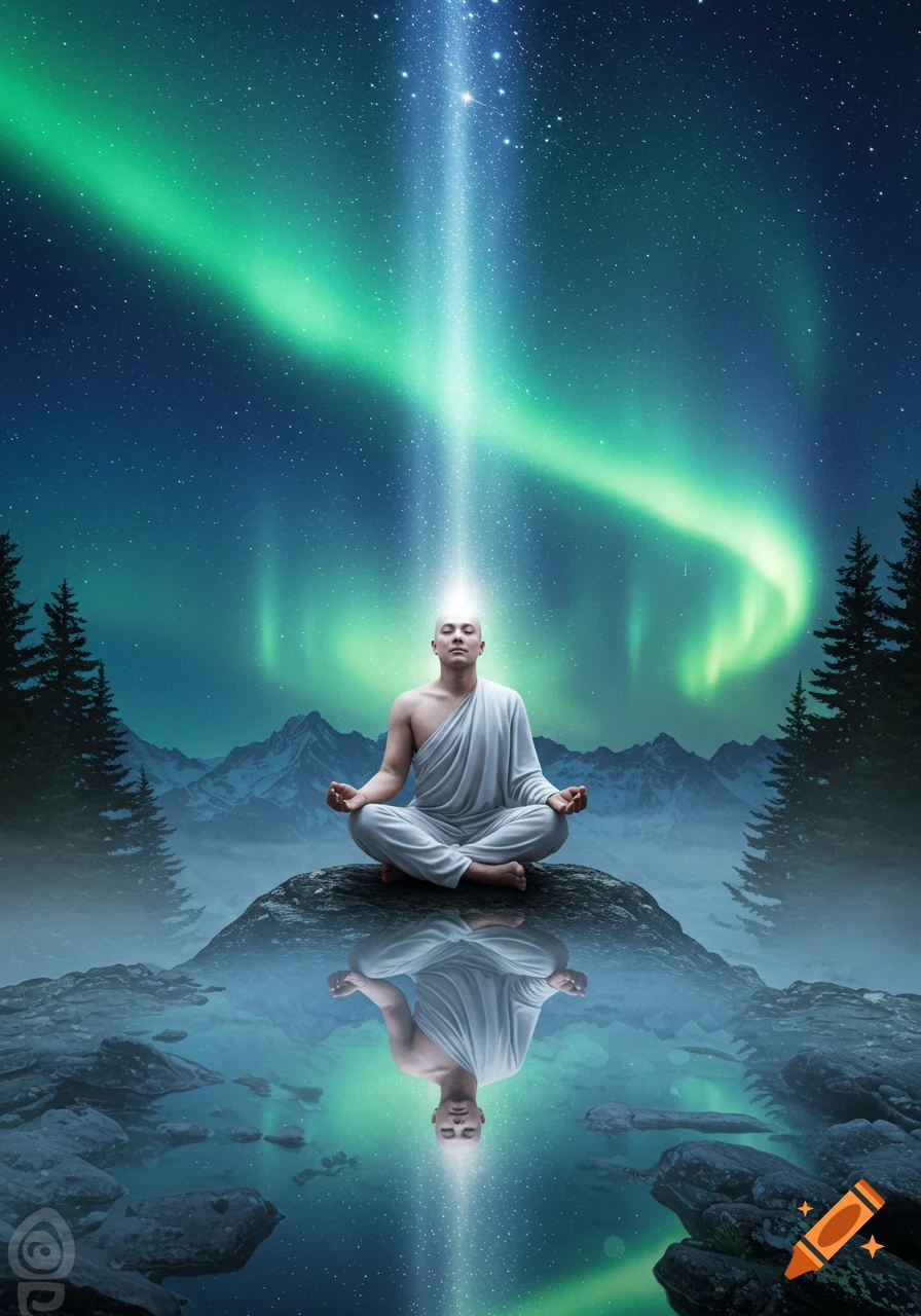 A man meditates on a rock, glowing with light under a vibrant green aurora borealis and a starry night sky, with his reflection visible in still water.