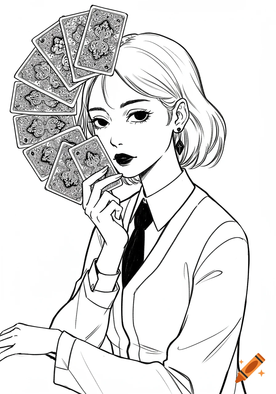 Black and white anime-style illustration of a woman in a suit holding playing cards.