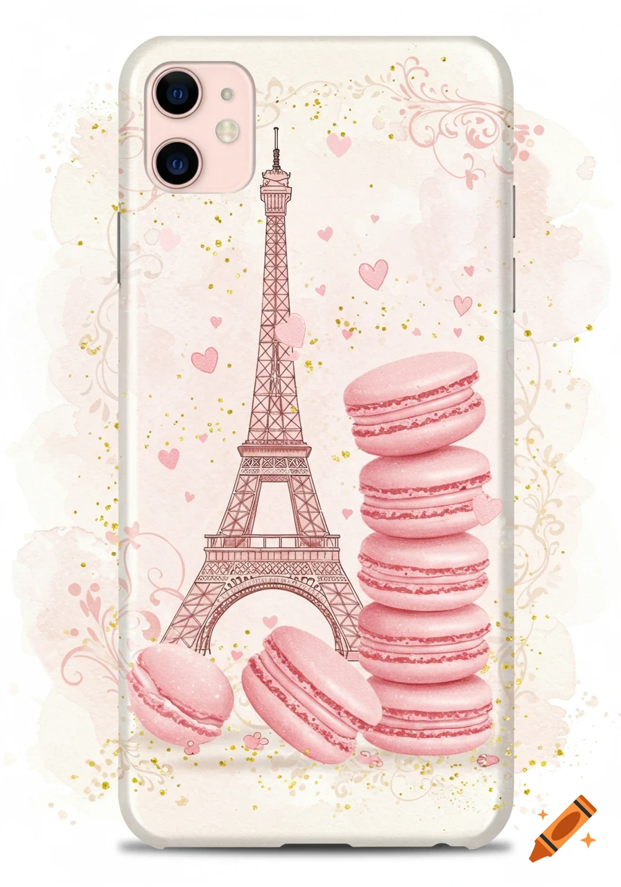 Pink aesthetic phone case design featuring a line art Eiffel Tower, a stack of pink macarons, and loose macarons, with watercolor splashes and gold glitter dots.
