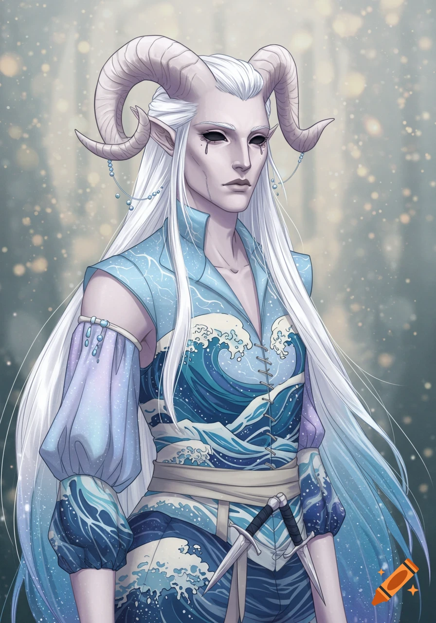 A pale-skinned fantasy character with white hair, ram horns, and black eyes, wearing a blue and white ocean-themed outfit with daggers at their waist.