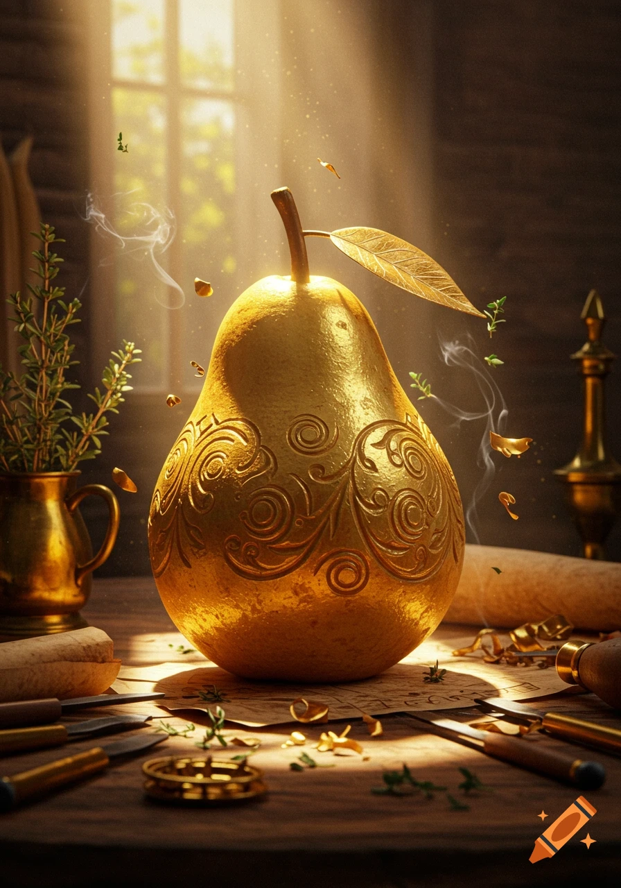 A golden pear with ornate carvings sits on a wooden table amidst tools and papers, bathed in a magical light from a window.
